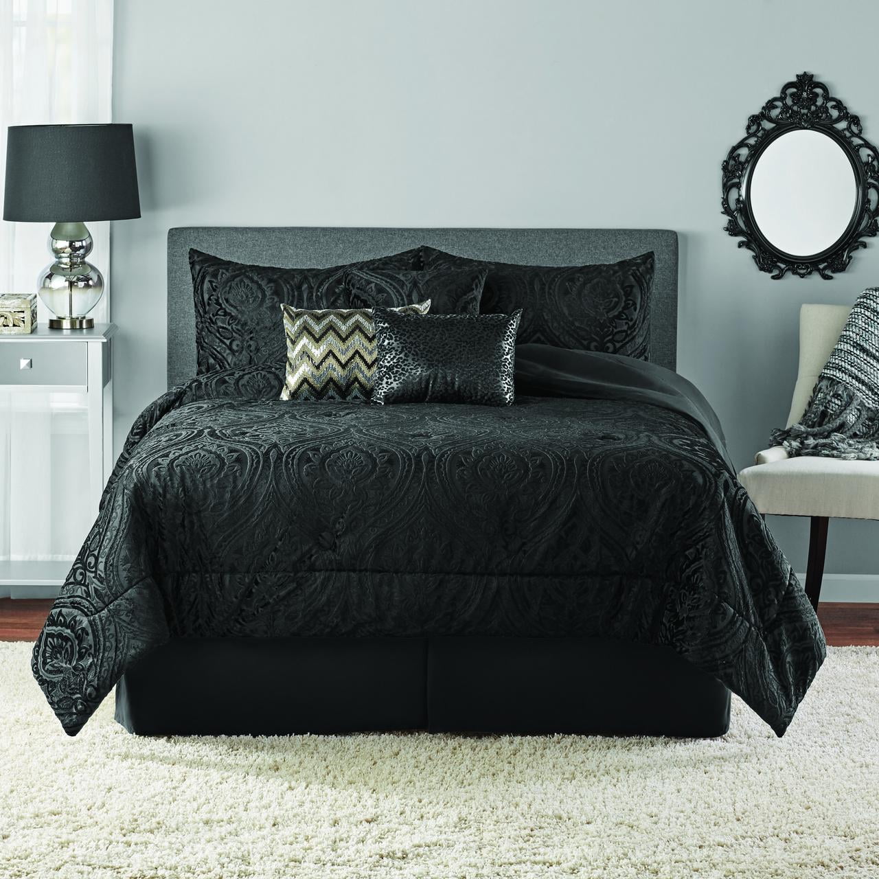Mainstays 7 Piece Velvet Comforter Set, King Bed Set Black