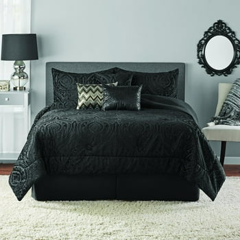 Mainstays Cougar 7-Piece Black Ogee Woven Comforter Set, Full/Queen