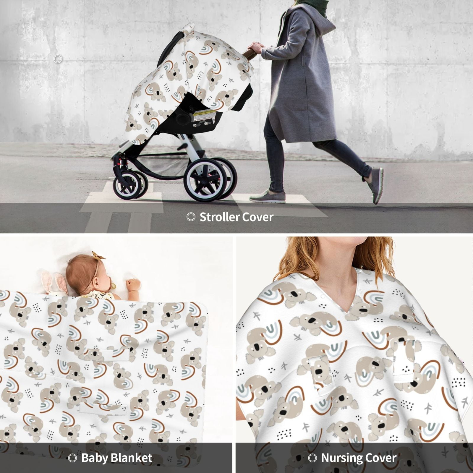 Car Seat Cover Baby - Rainbow Koala Print Breathable Infant Car Seat Cover for Baby Carseat, Lightweight Comfort Baby Essentials Must Haves Newborn Stuff for Girl Boy