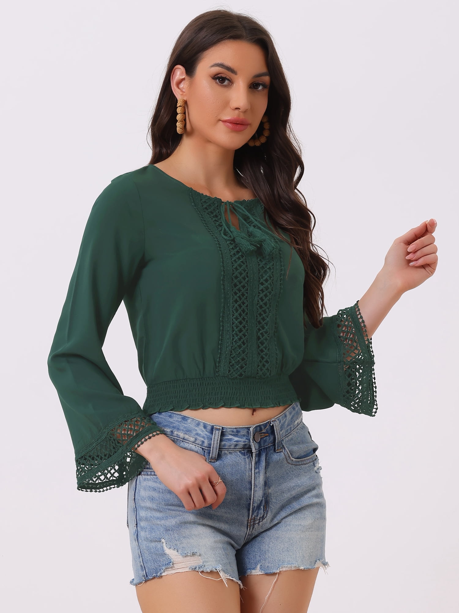 DARING DIVA Women's Lace Peasant Bell Sleeve Smocked Hem Cropped Boho Blouse S Deep Green