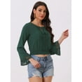 thumbnail image 2 of DARING DIVA Women's Lace Peasant Bell Sleeve Smocked Hem Cropped Boho Blouse M Deep Green, 2 of 6
