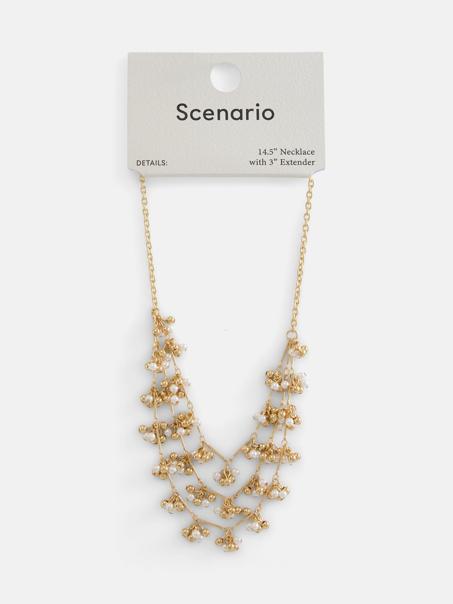 Scenario Women's Gold-Tone 3-Row Necklace with Faux Pearl Bead Clusters