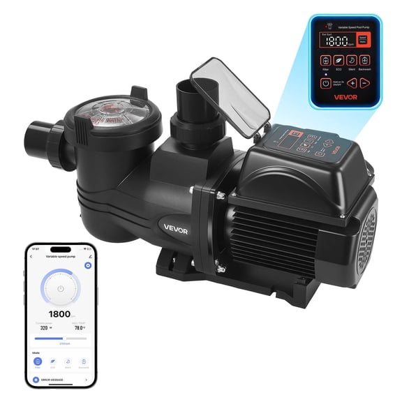 VEVOR Variable Speed Pool Pump, 1.5 HP, AC 220-240V, 132 GPM, In/Above Swimming Pool Pump with Filter Basket, Powerful Self Priming, Programmable Timer, for Inground and Above Ground Swimming Pool