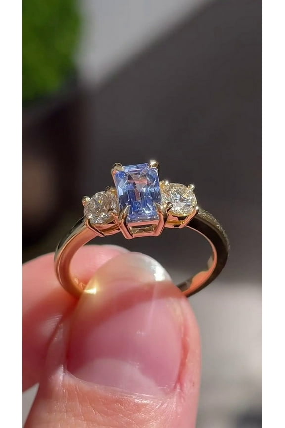 Emerald Cut Ceylon Blue Sapphire Engagement Ring, 10k Yellow Gold Three Stone Cluster Ring, Blue Sapphire Wedding Ring,Anniversary Gift Ring