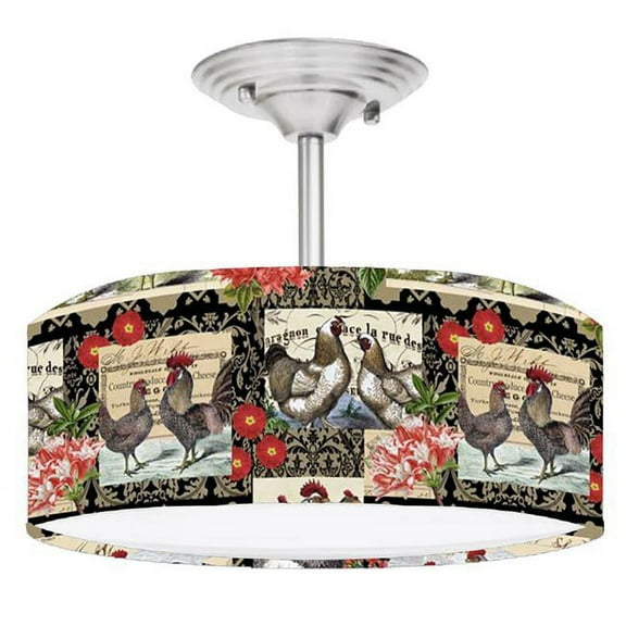 888 Cool Fans DR-0001096 French Country Farmhouse Chickens 2-Light Brushed Nickel Drum LED Lamp Fixture