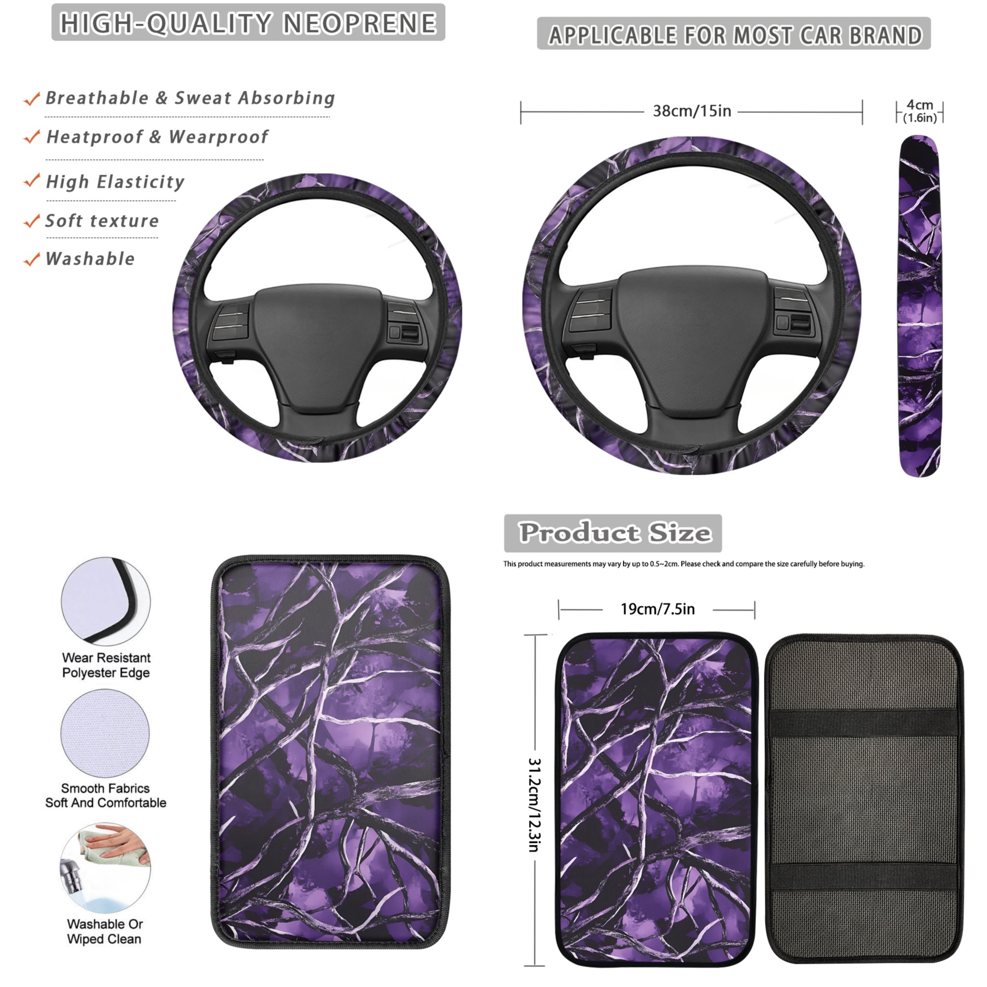 Jeiento Purple Camo Hunting Car Seat Cover Full Set with Steering Wheel Cover Seat Belt Pads Cup Holders Keychain for Most Vehicles Auto Accessories Fit for Most Vehicles