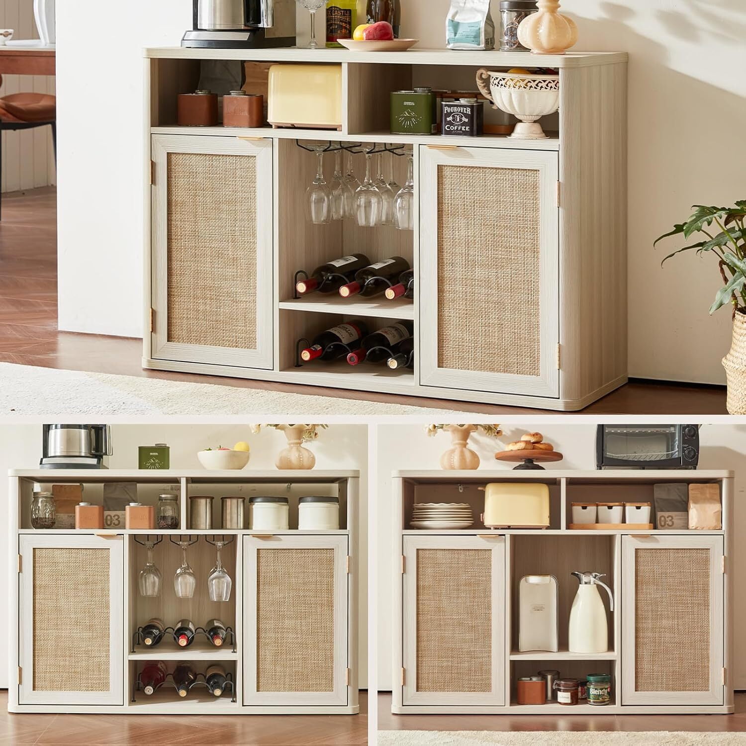 Joaxswe 47.2" Sideboards Buffets Cabinets with Doors, Boho Rattan Kitchen Storage Cabinets with Adjustable Shelves, Coffee Bar Station in Grey White