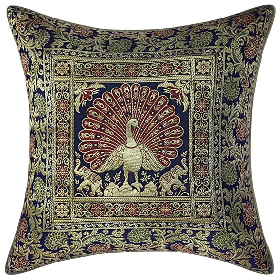 Stylo Culture Ethnic Couch Brocade Navy Blue And Gold Throw Pillow Covers 16x16 Jacquard Weave Banarsi Toss Pillow Covers Dancing Peacock Floral 40x40 cm Decorative Cushion Covers (1 Pc)