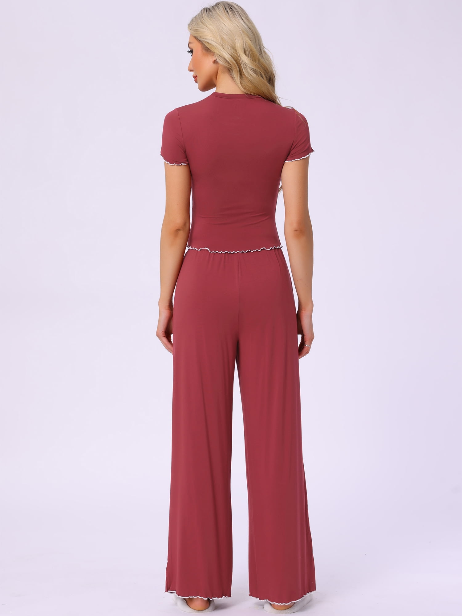 DARING DIVA Women's Pajama Sets Short Sleeve Ruffled Top Long Pants Lounge Sets L Claret