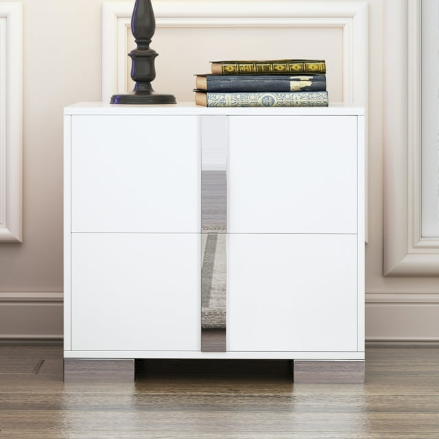 Noble House Elegant Nightstand with Metal Foot, Mirrored Bedside Table, White