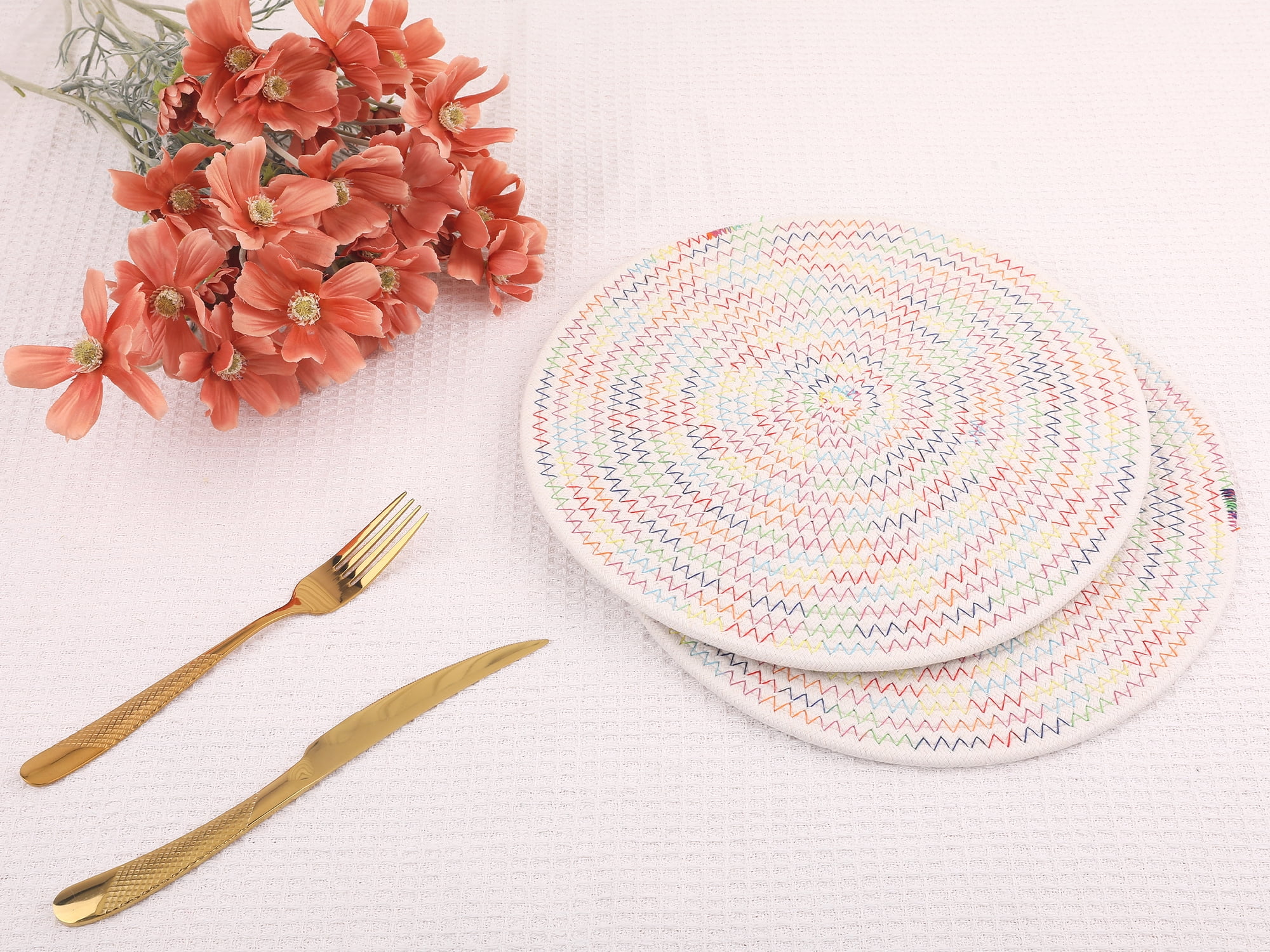 Unique Bargains Placemats Set of 4 Cotton Round Placemats for Dining Table Colorful
