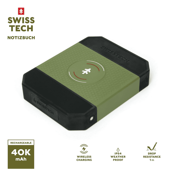Swiss Tech 40000 mAh Wireless Power Bank, Charging Pad, 65W Fast Charge, IP54 Weatherproof