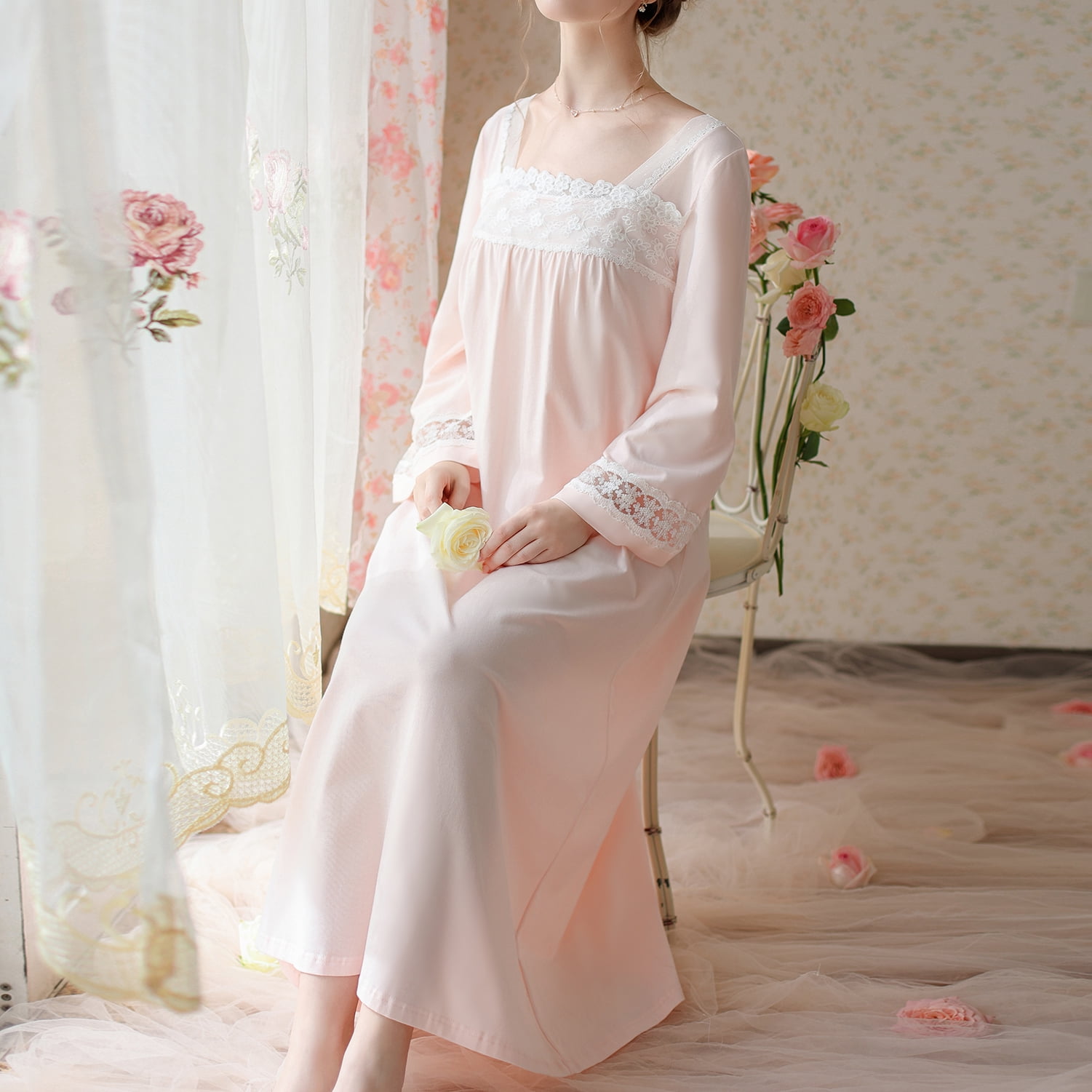 Homgro Women's Cotton Sleep Shirt Cute Lace Victorian Nightgown