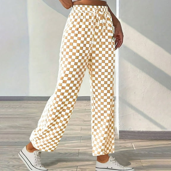 Royisotas Summer Plus Size Womens Pants High Waist Casual Checkered Straight Wide Leg Palazzo Drawstring Elastic Waist Pants
