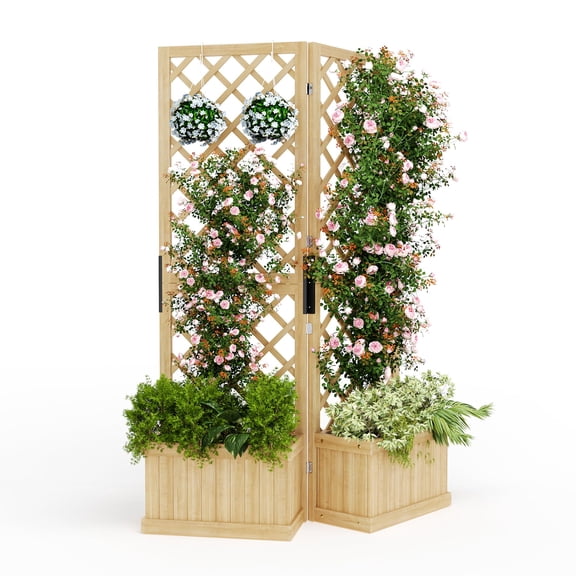 Gaderth Cedar Privacy Screen with Planter Box, Freestanding Outdoor Fence Panel, 2 Hinged Garden Screen with Drain Holes, Raised Bed Kit for Patio, Deck & Backyard Decor