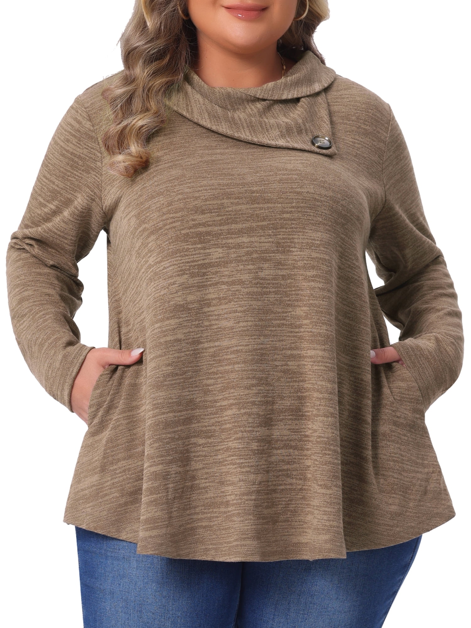 DARING DIVA Women's Plus Blouse Cowl Neck Casual Tunic Tops with Pockets 3X Brown