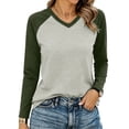 thumbnail image 6 of Color Block Raglan Sleeve V Neck Contrast Dark Green Sleeve Curved Hem Long Sleeve Casual Baseball Tee for Women Spring Fall Basic Layering Top, 6 of 7