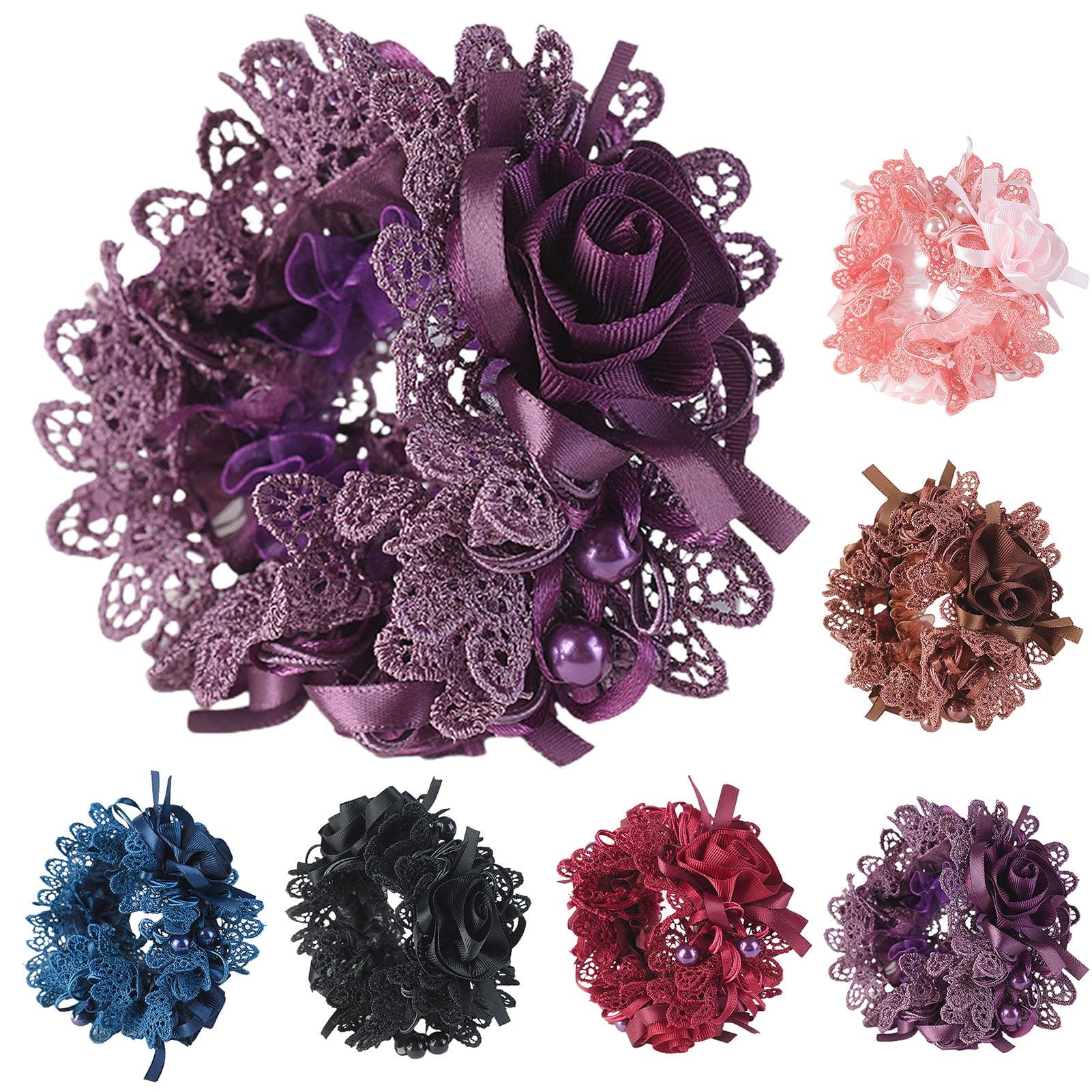 Meidiya 6Pcs Elegant Lace Scrunchies Hair Ties for Women Girls,Stylish Lace Flower Scrunchy Hairtieswith Pearl for Thick Curl Hair Accessories Soft Ropes Ponytail Holder
