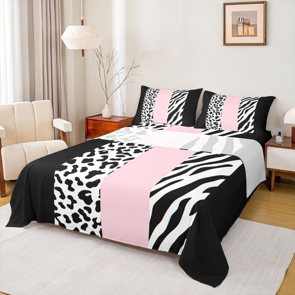 Castle Fairy Boys Girls Animal Zebra Leopard Print Twin Sheet Sets 3pcs,Abstract Geometric Stripes Twin Fitted Sheet Microfiber,Black Pink Breathable Flat Sheet,Breathable Home Decor