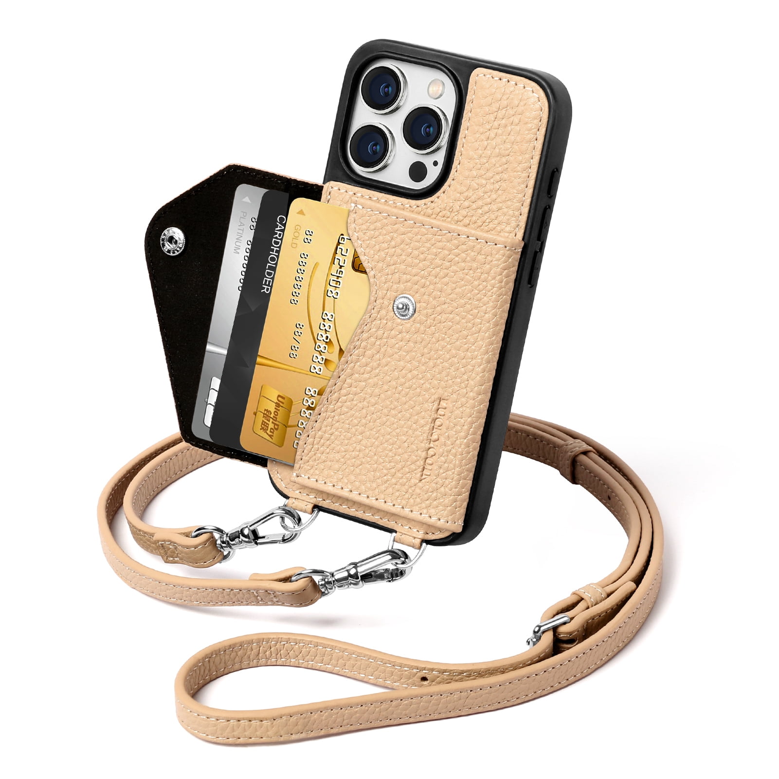 Handmade Genuine Leather Crossbody Wallet Phone Case for Apple iPhone 15 Pro 6.1-Inch,with Strap and Flip Wallet Card Holder,Shockproof Durable Scratch Protective