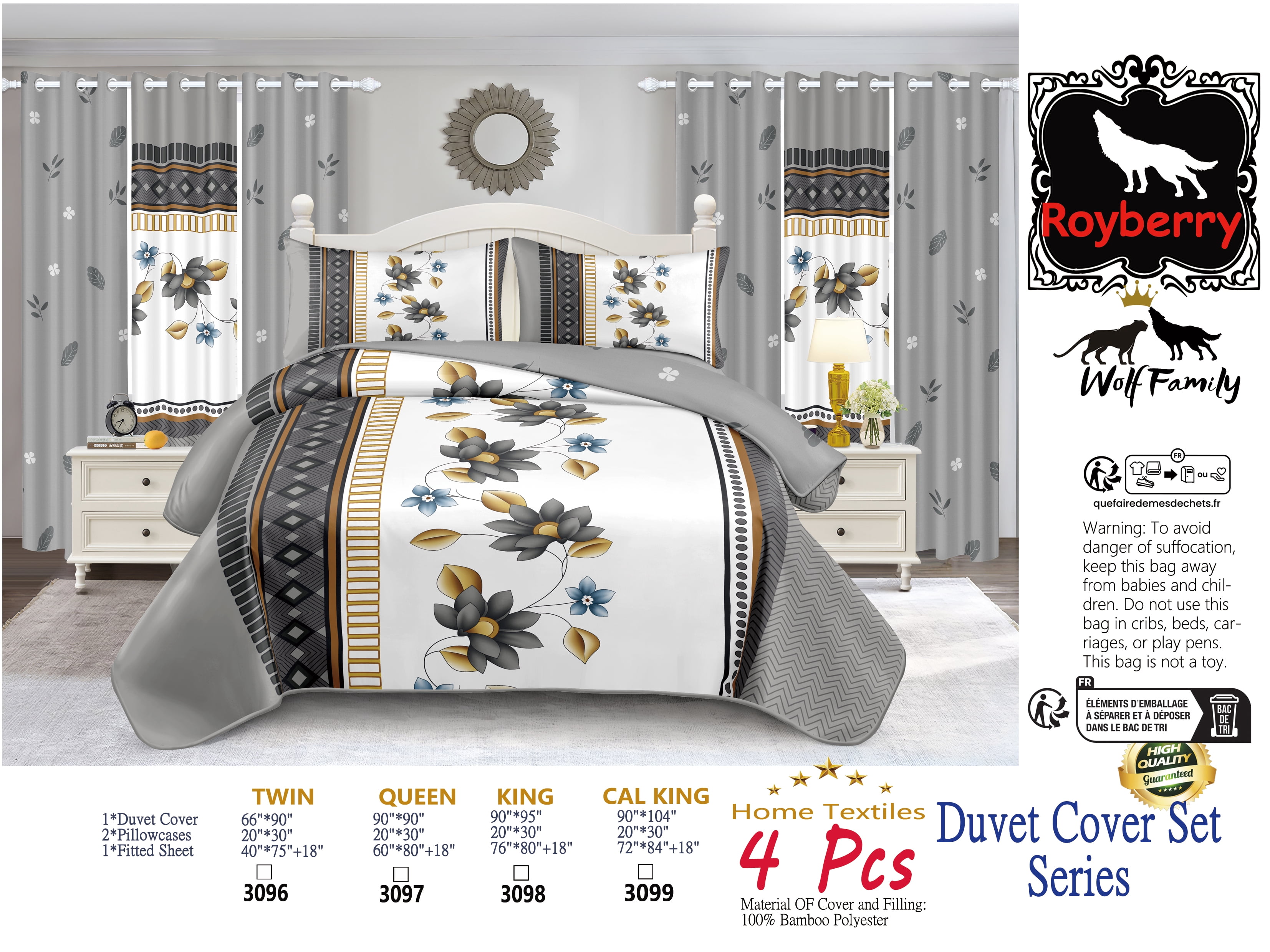 Grey & Gold Floral Geometric 4-Piece Queen Duvet Cover Set – 100% Bamboo Polyester, All-Season Bedding