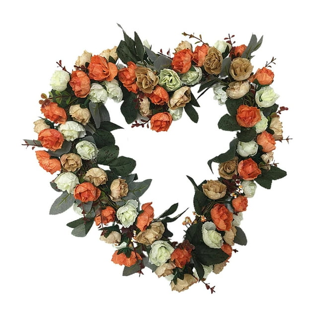 Corona de rosas en forma de corazón, aldaba artificial para colgar en la pared, guirnalda de bienvenida de 36 cm naranja