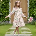 thumbnail image 3 of FKELYI Pink Blue Flower Leaf Print Ruffled Long Sleeve Dress for Girl A-Line Pleated Twirly Dress Crew Neck Flowy Holiday Dresses for Kids Fall Outfits, 11-12 Y, 3 of 6