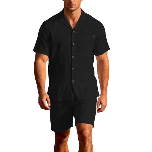 Mrmaere Men's Collared Button Up Shirt and Shorts Set Short Sleeve 2 Piece Textured for Casual Outdoor Black L