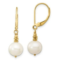 Primal Gold 14 Karat Yellow Gold 8-9mm Near Round White Freshwater Cultured Pearl Leverback Earrings
