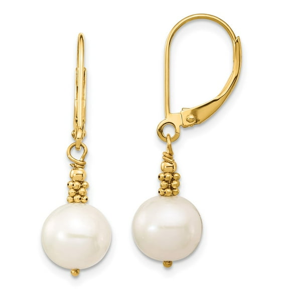 Primal Gold 14 Karat Yellow Gold 8-9mm Near Round White Freshwater Cultured Pearl Leverback Earrings