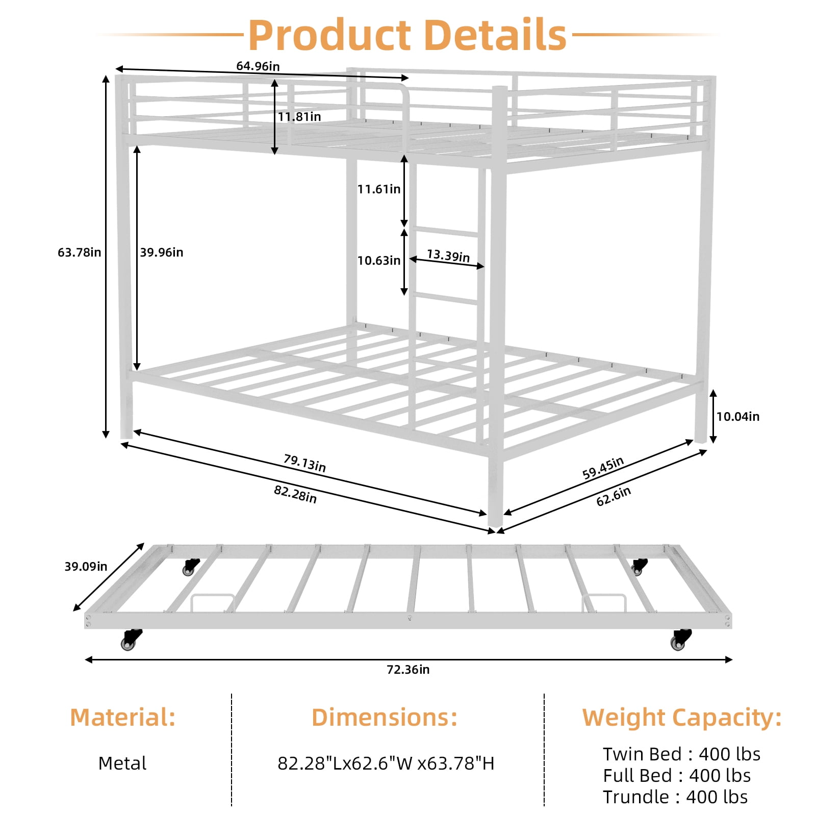 Miniyam Metal Queen over Queen Bunk Bed with Trundle, Space Saving Bunk Bed Frame with Ladder and Guardrails for Dorm, Apartment, White