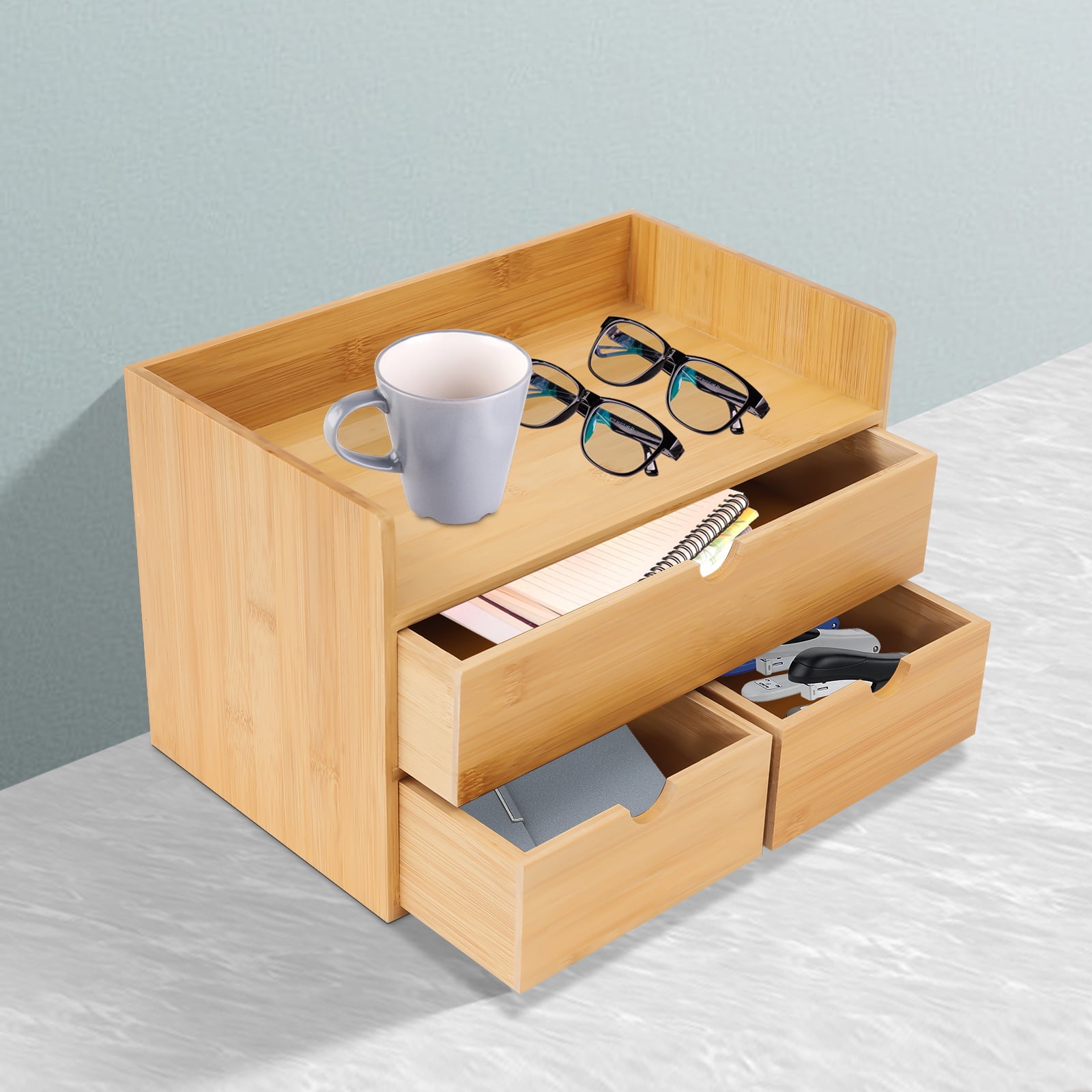 Natural Bamboo Desk Organizer with 3 Drawers, Eco-Friendly Storage for Office Supplies, Cosmetics, and Small Essentials