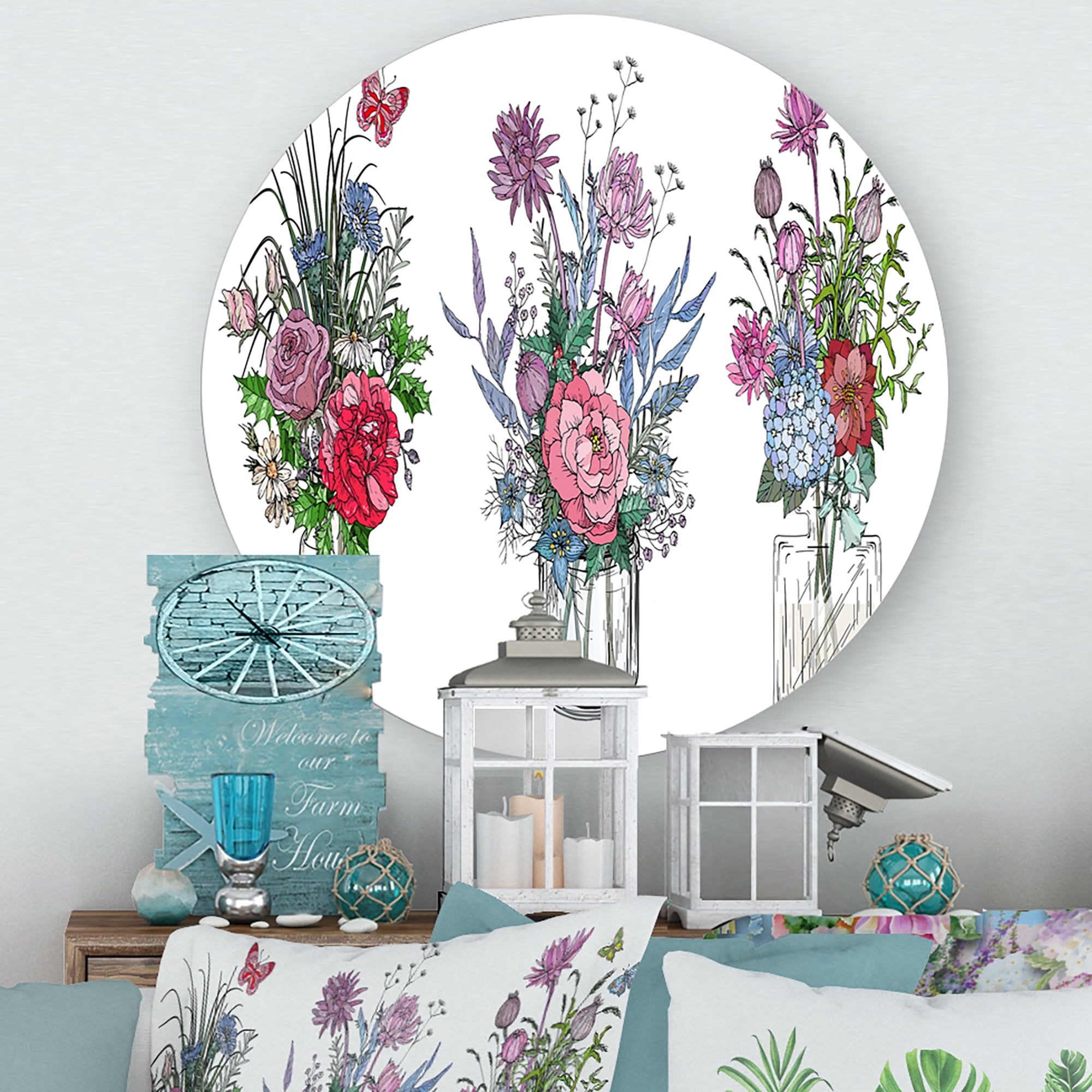 Designart 'Transparent Vases With Bouquets of Wildflowers I' Farmhouse Circle Metal Wall Art 11x11 - Disc of 11