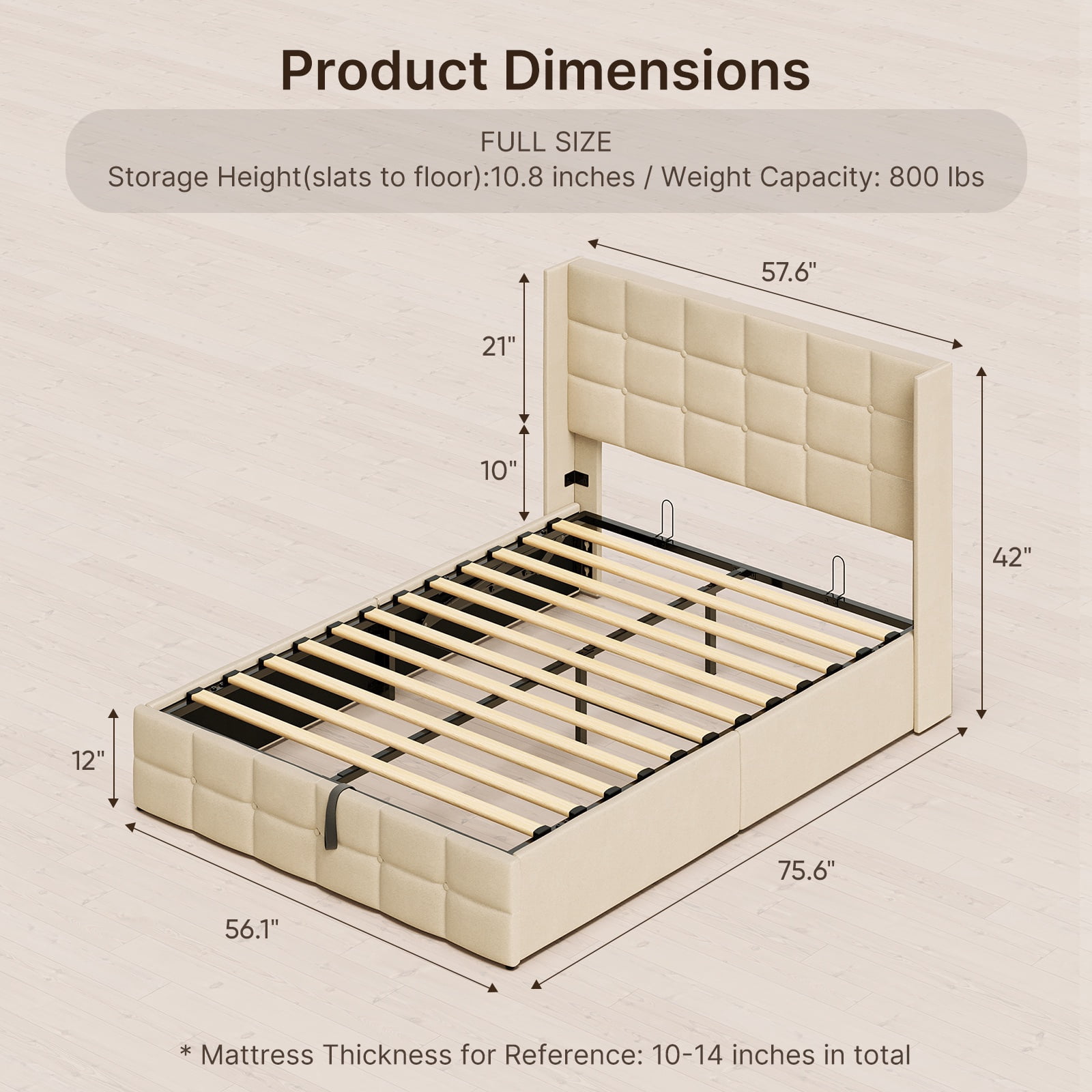 Lift Up  Bed Frame, Full Size Storage Bed Frame, No Box Spring Needed, Light Beige