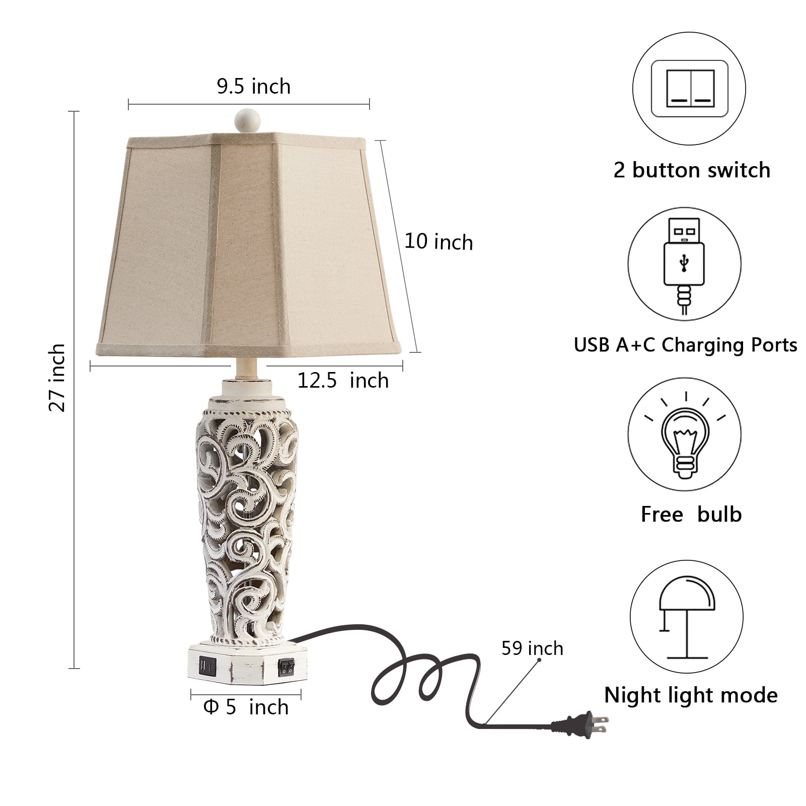 JUJUYUYOP 27" White Rustic Farmhouse Style Living Room Table Lamps Set of 2, Dual USB Charging Ports Ideal for Nightstands (Bulbs Included)