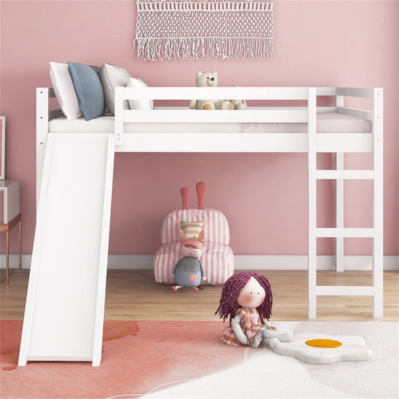 Full Size Loft Bed, Multifunctional Loft Bed with Slide for Kids Teens, Wood Low Kids Bed Frame with Ladder and Safety Guardrails, Steady and Durable Loft Bed Frame No Box Spring Needed, White