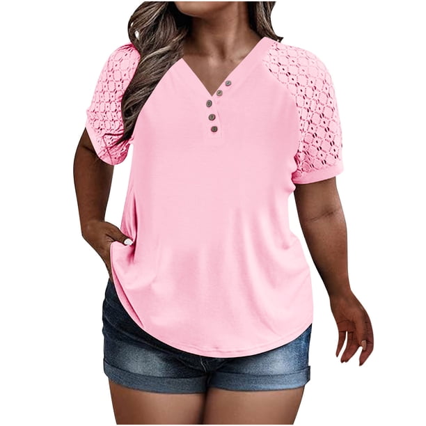 Tamaño Más Manga Corta Tops para Mujeres Verano Color Sólido Puff Manga Corta Suelta Moda Cuello Redondo Top