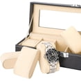 thumbnail image 3 of Caja de reloj de cuero PU con 6 ranuras, estuche de exposición, organizador de joyas con tapa de cristal con almohada suave, caja de reloj con ventana Visible, 3 of 5