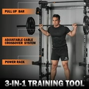 Mikolo Foldable Squat Rack, Wall Mounted Power Rack with Cable Crossover Machine & LAT Pull Down Machines, Functional Trainer with 5 Adjustable Function Modes, for Home Gym and Space Saving