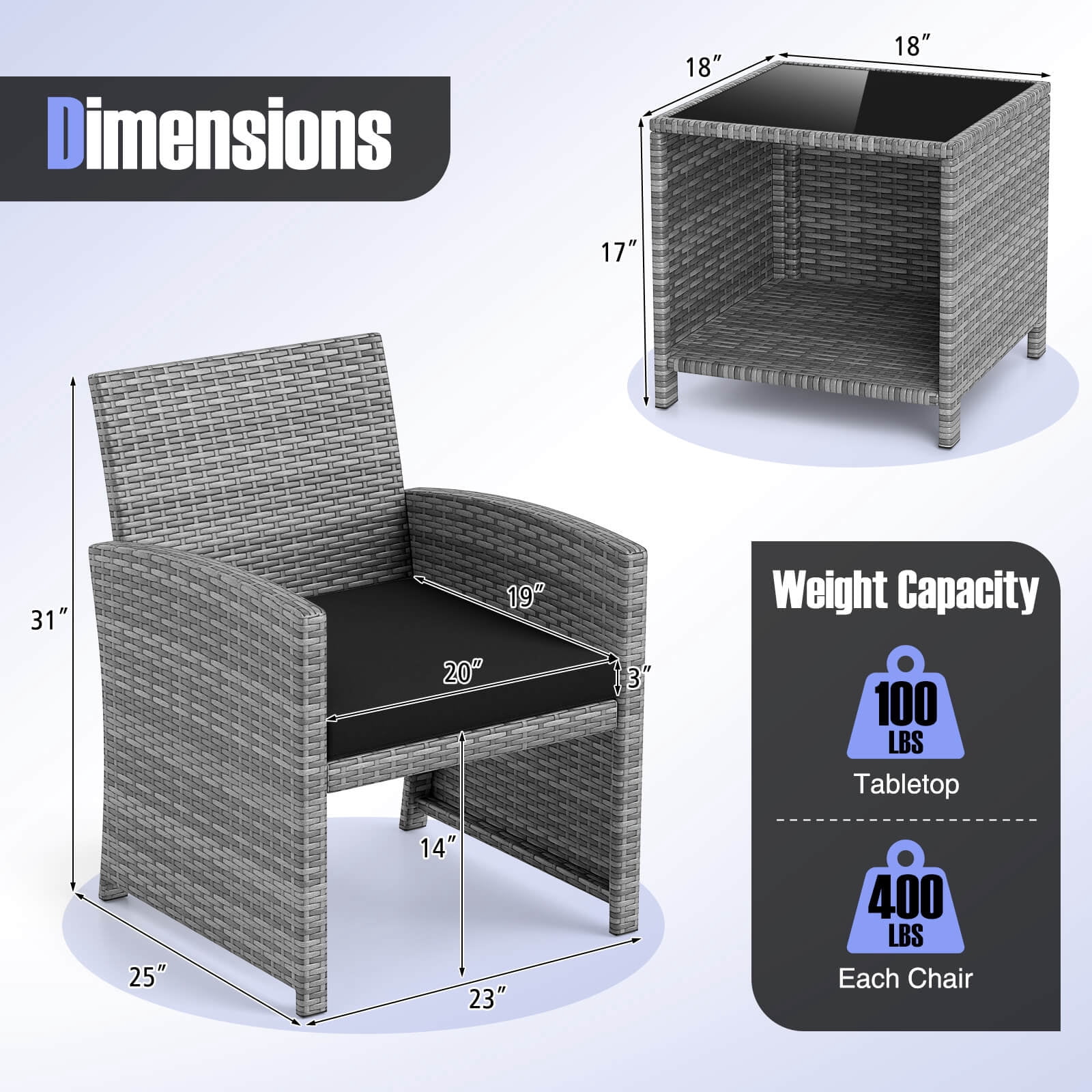 Costway 3 PCS Patio Furniture Set with Tempered Glass Coffee Table & Soft Seat Cushions Black