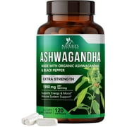 Nature's Nutrition Organic Ashwagandha Capsules Extra Strength 1950mg - Stress Support Formula - Natural Mood Support - Focus & Energy Support Supplement - 120 Capsules