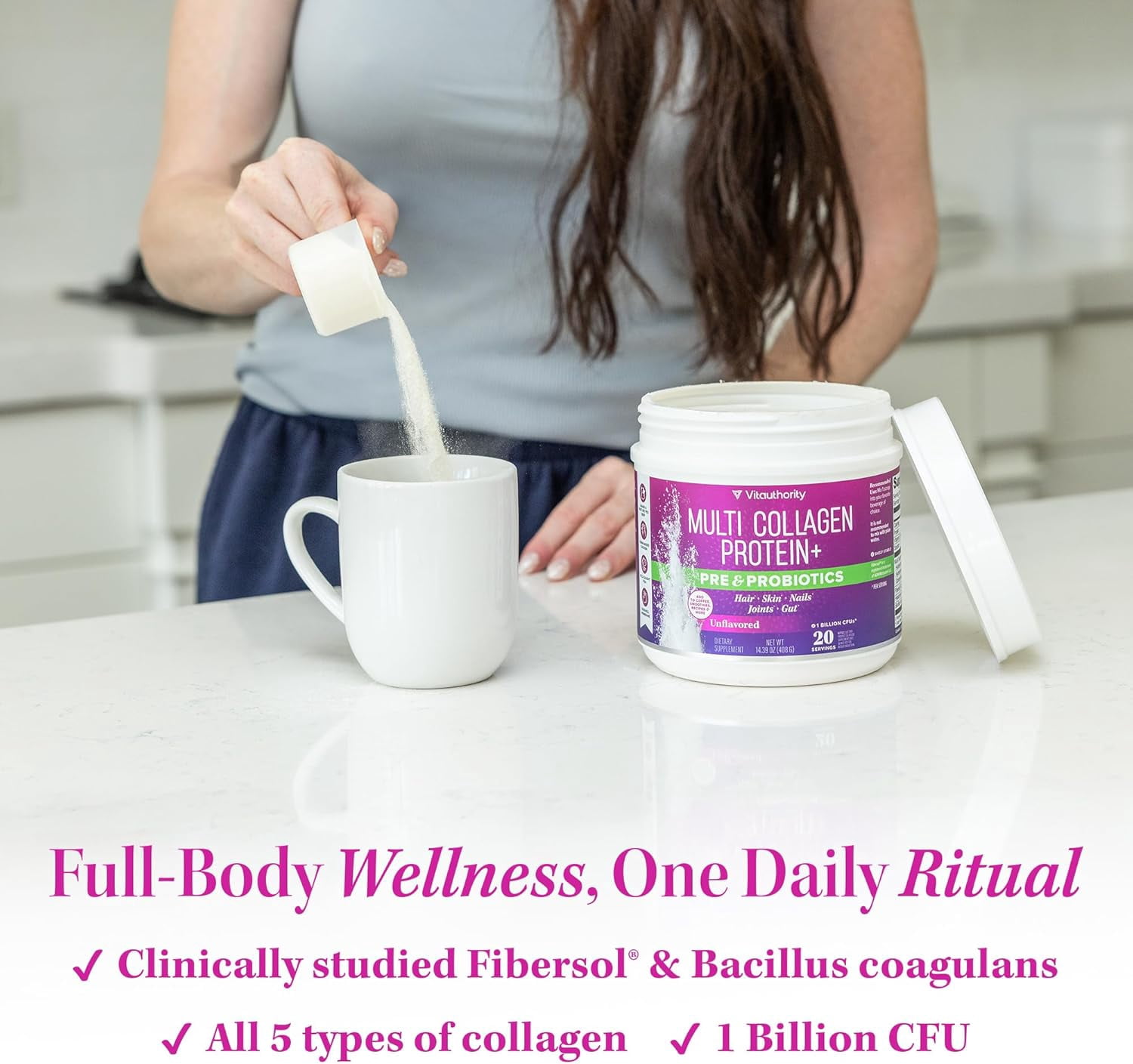 Multi Collagen Protein Powder with Probiotics & Prebiotics – 20 g Collagen Peptides, Hyaluronic Acid & Vitamin C | Supports Skin & Digestive Health | Unflavored | 20 Servings