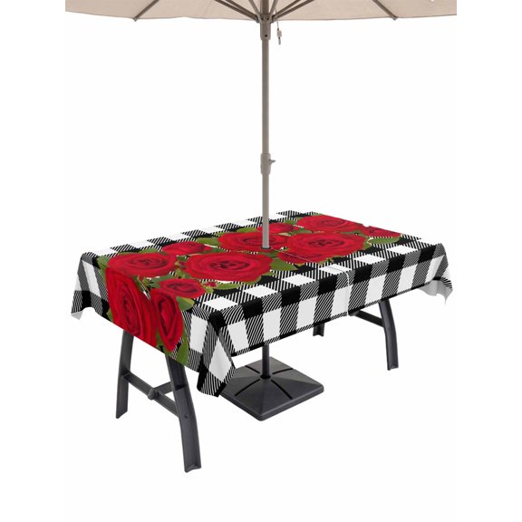 Outdoor Tablecloth with Umbrella Hole and Zipper, Valentine's Day Rectangle Table Cloth 60x102 Inch Waterproof Tablecloth, Red Roses Floral Leaves Buffalo Plaid Picnic Table Cover for Patio Camping