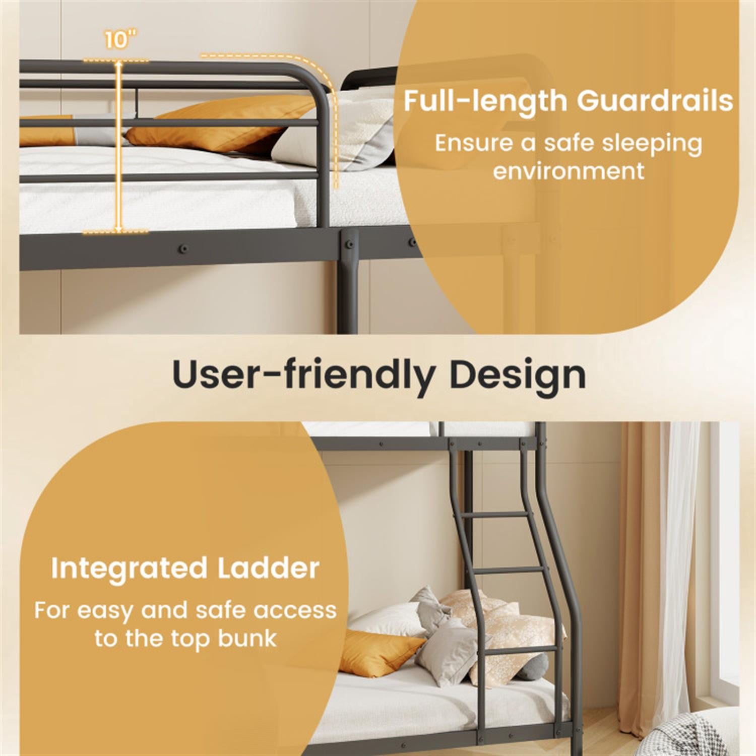 Demi Bonn Twin Over Full Bunk Bed with Ladder and Full-length Guardrails, Metal Bunkbeds for Bedroom, No Box Spring Needed, Black