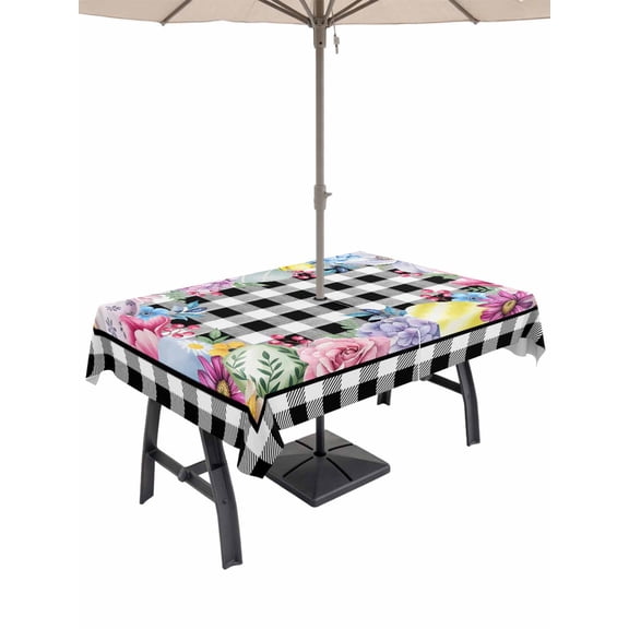 Easter Eggs Outdoor Tablecloth - 60x84 Inch Rectangle Dining Table Cover, Spring Floral Berry Leaves Botanical Black Plaid Waterproof Outdoor Table Cloth with Umbrella Hole & Zipper for Picnic/Patio