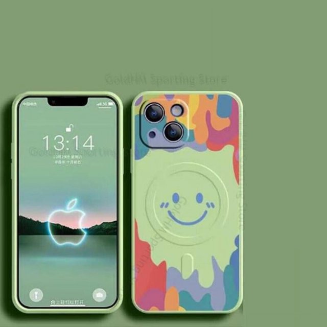 Magsafe-funda de silicona para iPhone 14 Pro Max, cubierta de Graffiti Smile Magsafing para Apple 13, 12 Pro Max, 14 Plus, Fundas con correa de muñeca