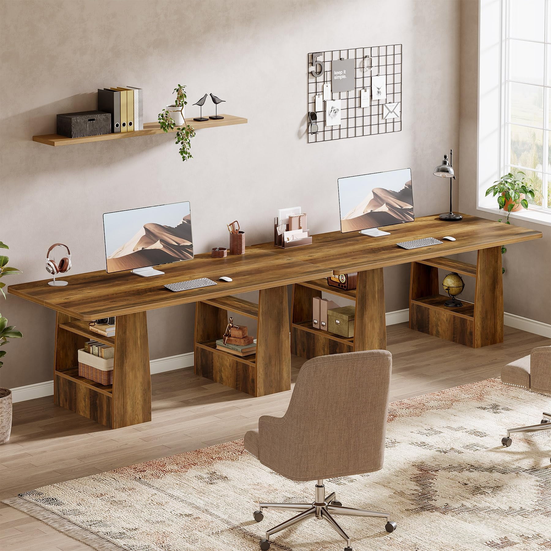 Tribesigns 63 Inch Executive Desk with 5-Tier Shelf, Office Desk with Faux Natural Textured, Large Wooden Computer Writing Table Business Furniture for Home Office