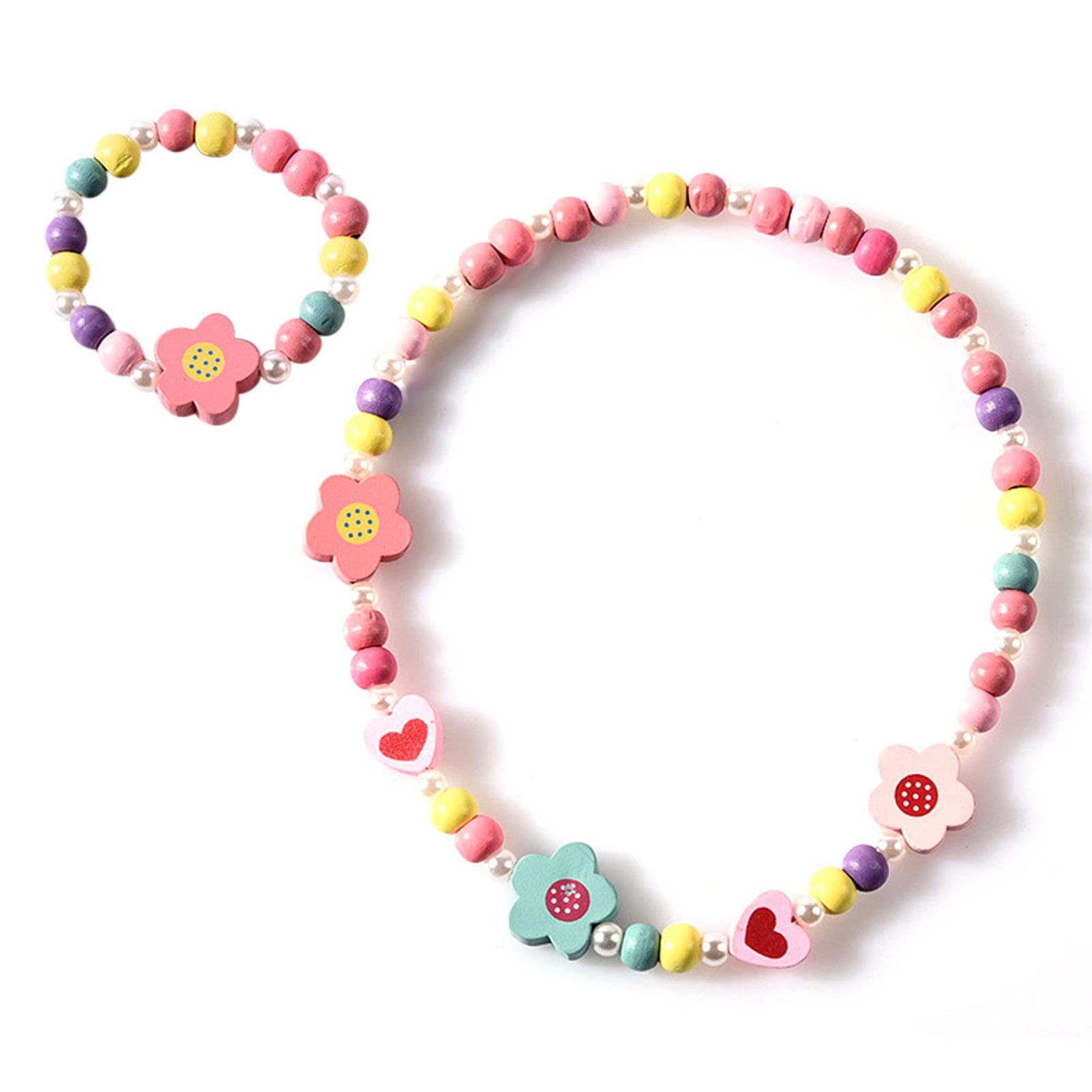 Newest Cute Girls Pink Heart Wood Beads Kids Necklace Bracelet Jewelry Set Gift 