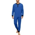 thumbnail image 2 of Dwelliawo Mens Soft Henley Pajamas Set Long Sleeve Tee and Pants with Pockets 2-Piece Lounge Pjs Loose Comfy Solid Trendy 2025 Fall Sleepwear Set Dark Blue 2xL, 2 of 5