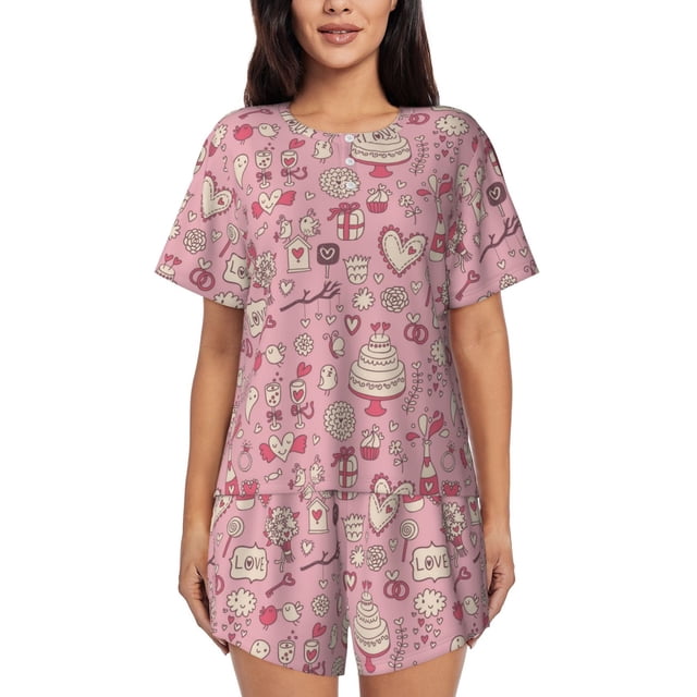 Fotbe Cute Love Conjunto de Pijama Estampado para Mujer, 2 Piezas, Ropa de Dormir con Camiseta de Manga Corta y Shorts Suaves-4X-Large